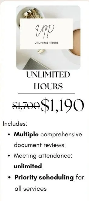 Advertisement for unlimited hours plan, now priced at $1,190, discounted from $1,700, includes multiple comprehensive document reviews, unlimited meeting attendance, and priority scheduling.
