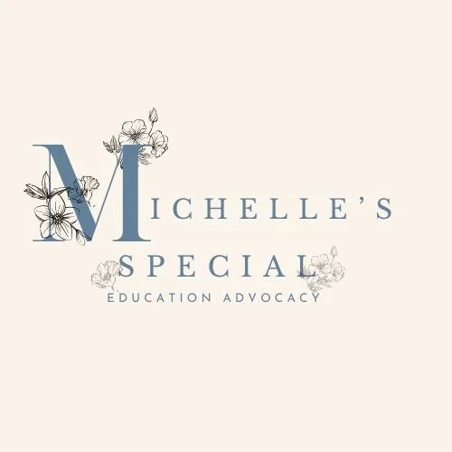 Logo for Michelle's Special Education Advocacy with a large stylized 'M' decorated with floral illustrations on a beige background.