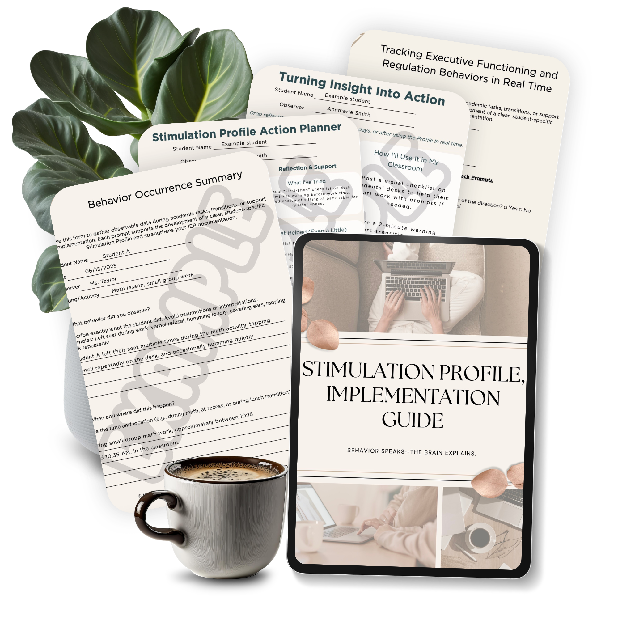 Collage of documents related to behavior analysis and interventions, a coffee cup, and a person using a laptop, with a green plant in the background.