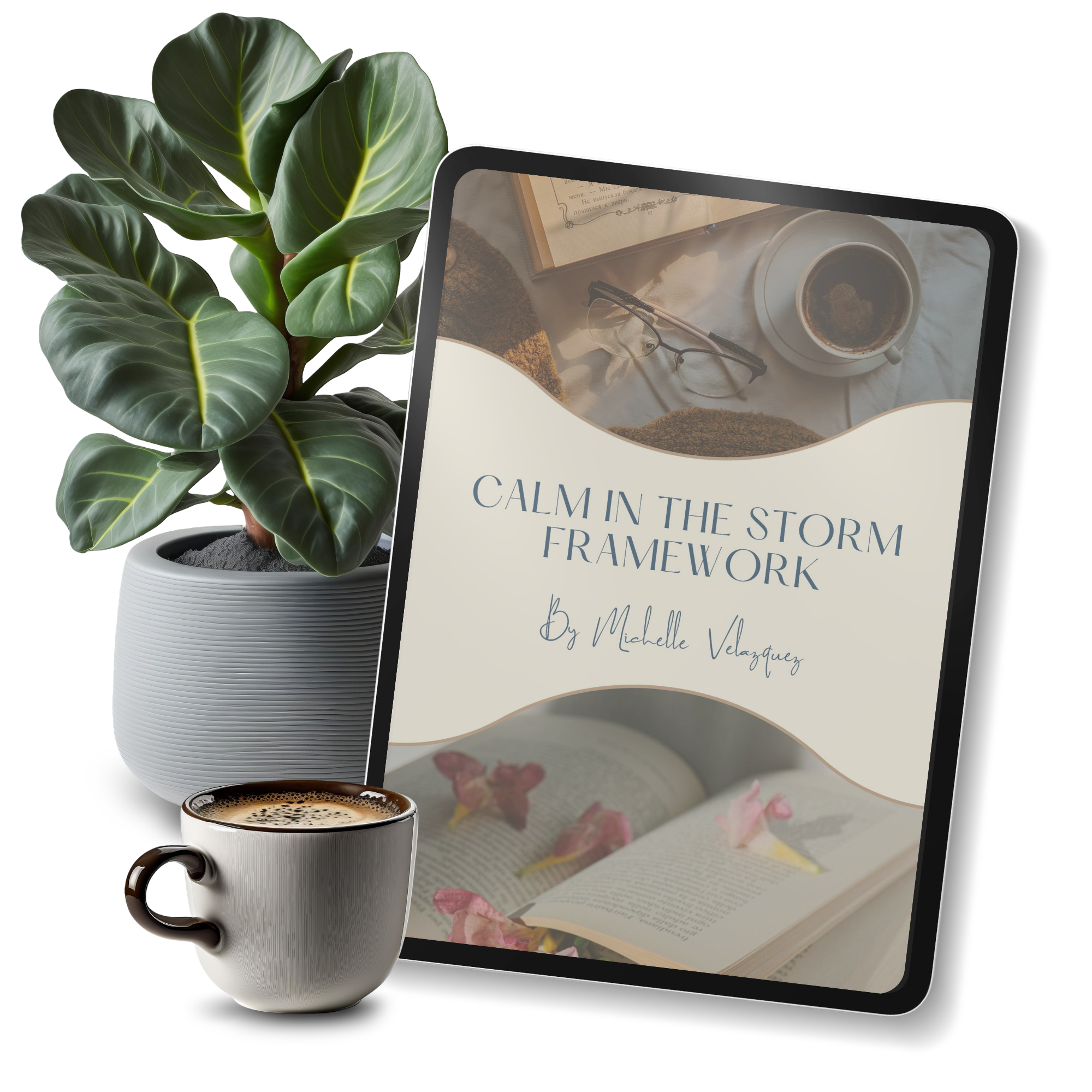 A potted plant with large green leaves, a magazine titled 'Calm in the Storm,' a cup of coffee, and reading glasses on a table.