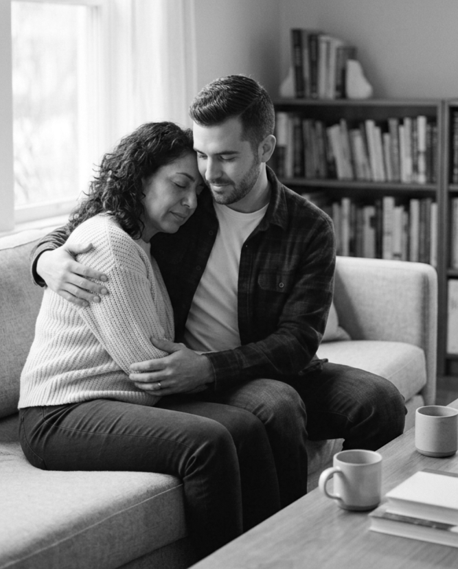 A man and woman sitting on a couch embracing each other in a cozy living room, with bookshelves in the background and coffee mugs on a table in front of them.
