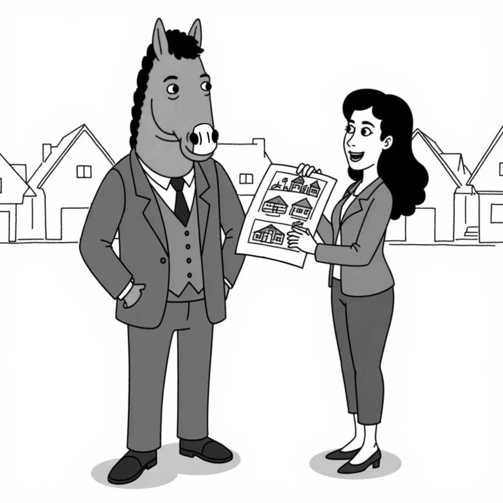 A person with a horse's head and body dressed in business attire stands next to a woman in business attire. The woman is showcasing a catalog or brochure of houses, with a background of residential houses.