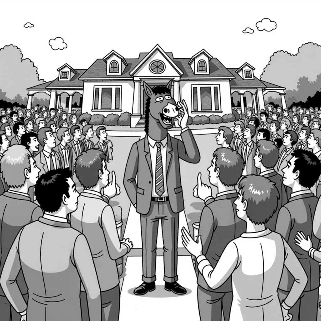 A cartoon illustration of a person with a horse mask talking to a crowd of people outside a large house.