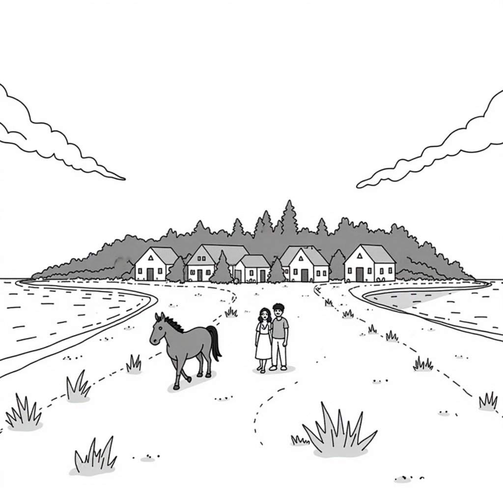 A black-and-white illustration of a rural scene with a couple walking a horse along a path, houses in the background, and a lake on either side. Mountainous terrain and clouds are in the distance.