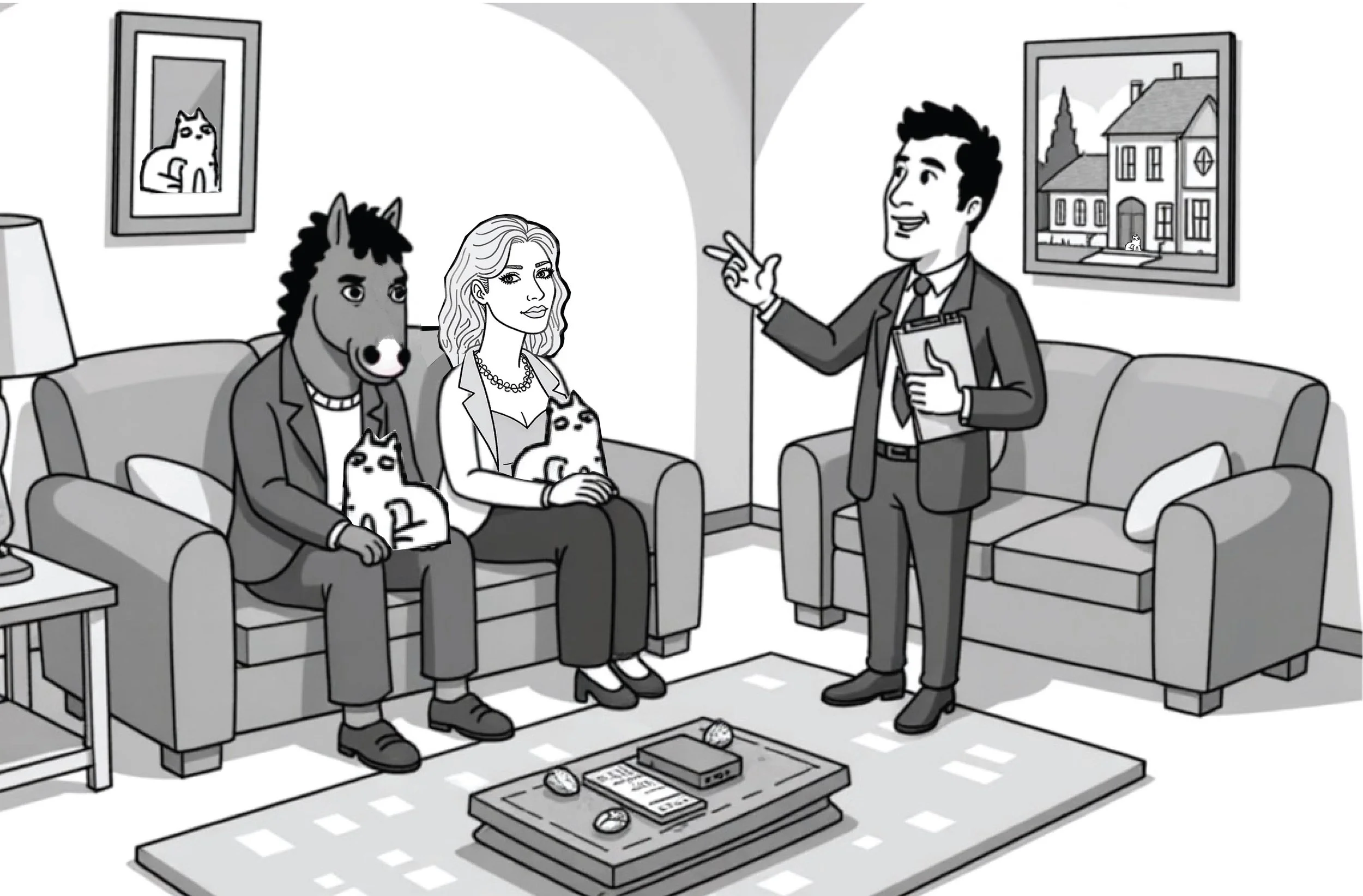 Black and white cartoon of a man in a suit giving a presentation to a woman and a man with a horse head and a woman with a cat head sitting on sofas in a living room. There are cats and a painting of a house on the walls, and a coffee table with a phone and papers.