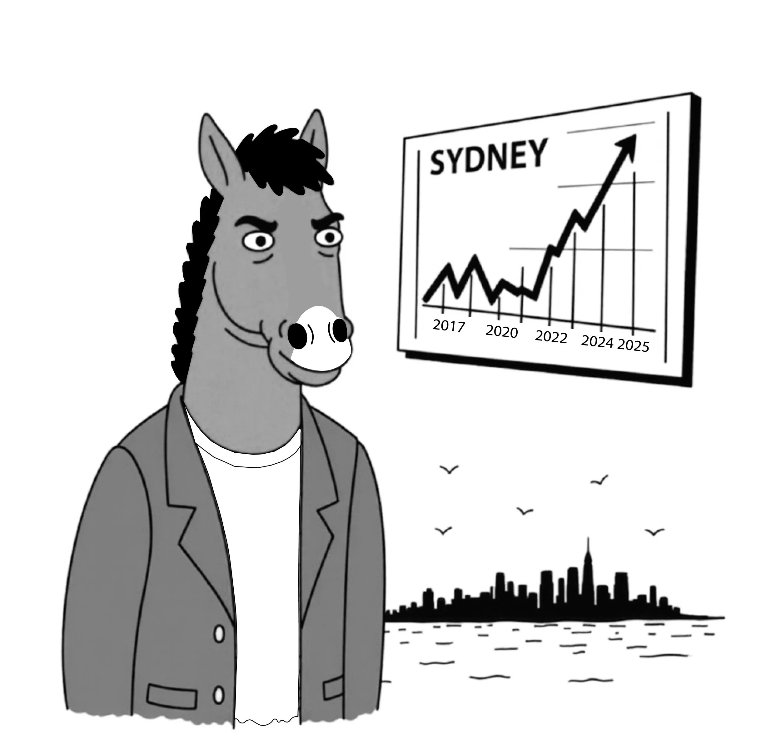 Animated horse with a human body, standing in front of a city skyline and a rising stock market graph labeled "Sydney".