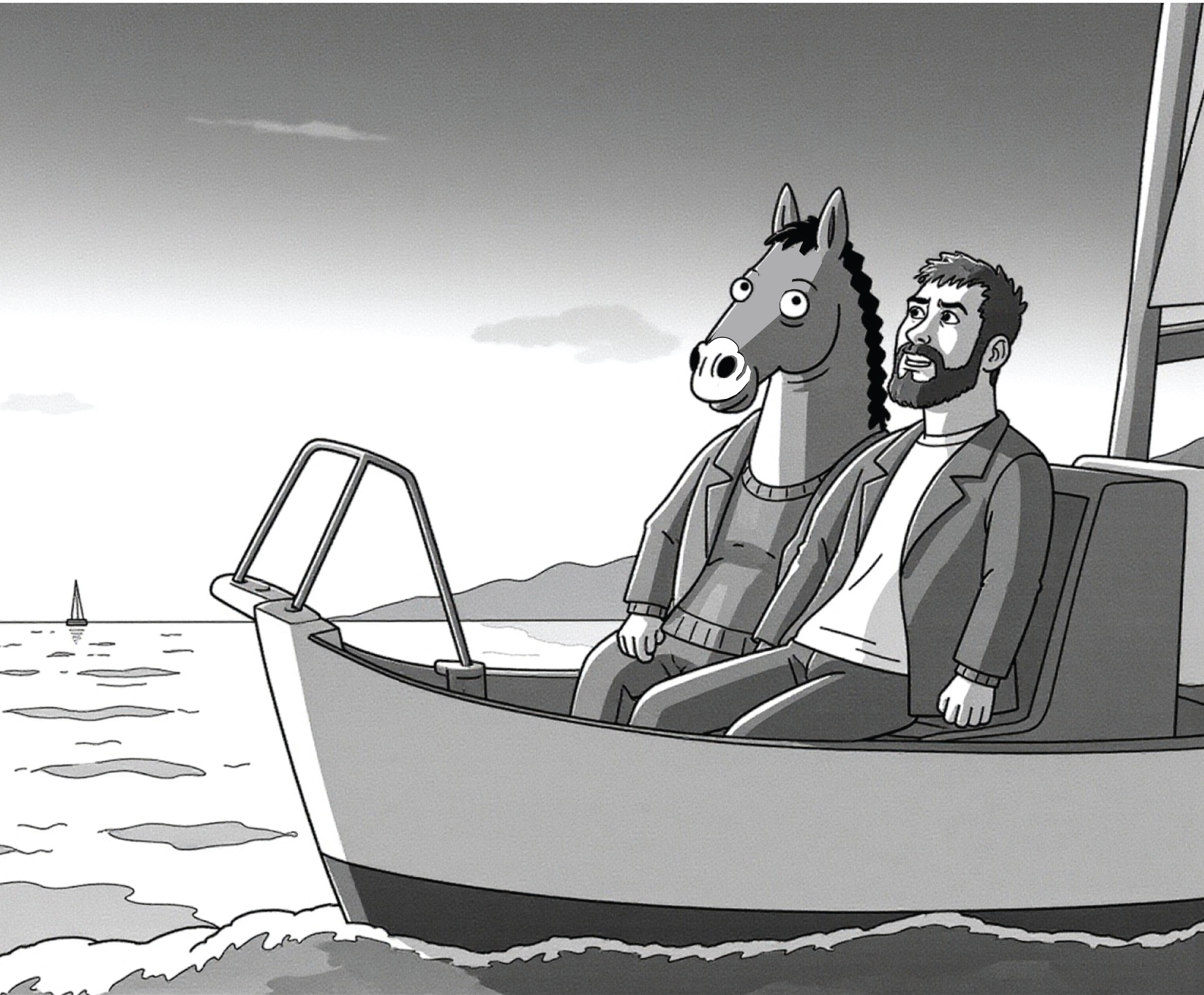 A cartoon man and a horse sitting in a boat on the water, with a cat between them. The boat has a flag indicating they are in a racing event. The background shows a distant sailboat and mountains under a cloudy sky.