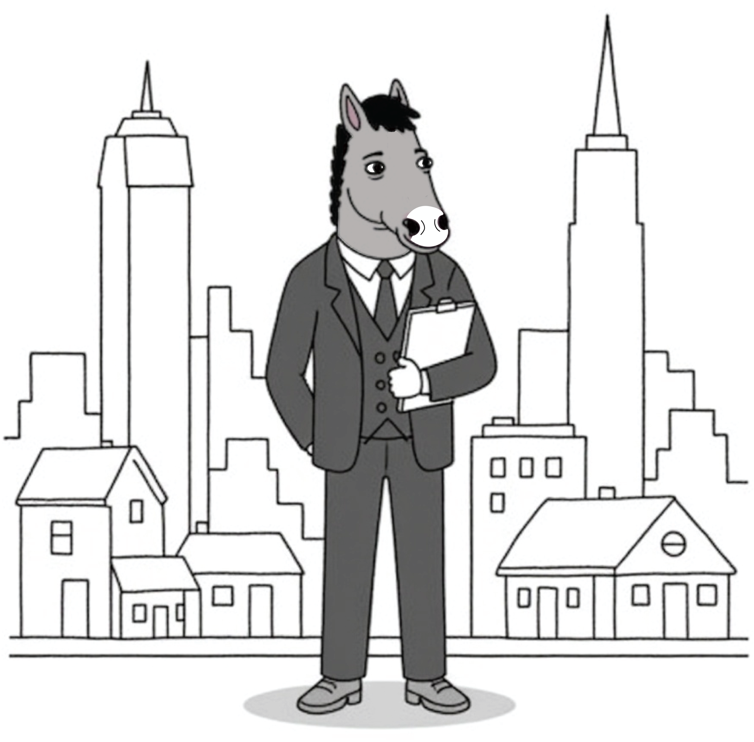 An anthropomorphic horse dressed in a business suit holding a clipboard, standing in front of a city skyline with skyscrapers and smaller houses.