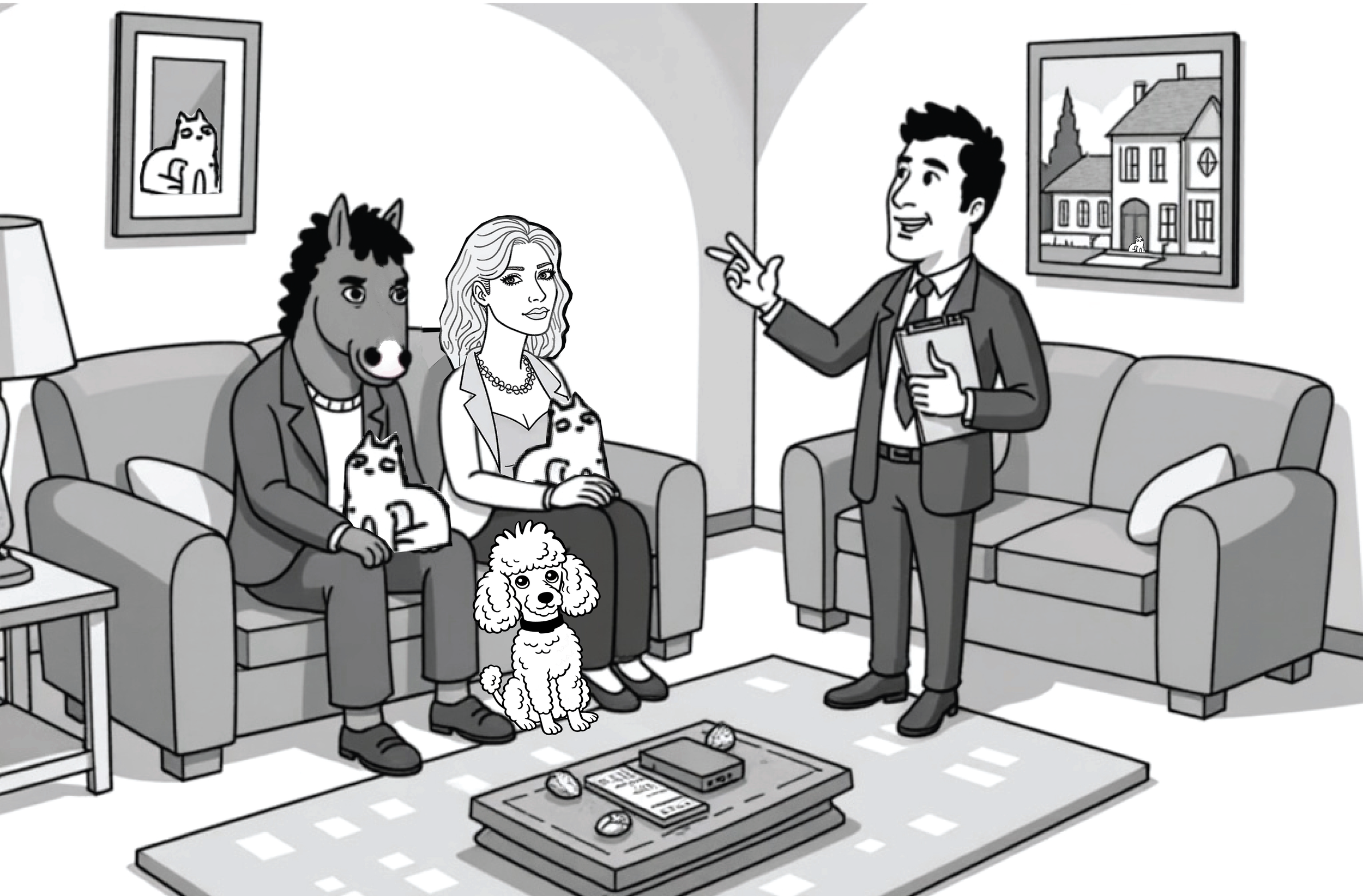 A cartoon scene of a man in a suit talking to two people and two cats in a living room. The man holds a clipboard and gestures with his hand. The two people, a man with a horse face and a woman with wavy hair, are sitting on a sofa with two cats. The room has paintings on the wall, a lamp, and a coffee table with papers and objects. Outside the window, a house and trees are visible.