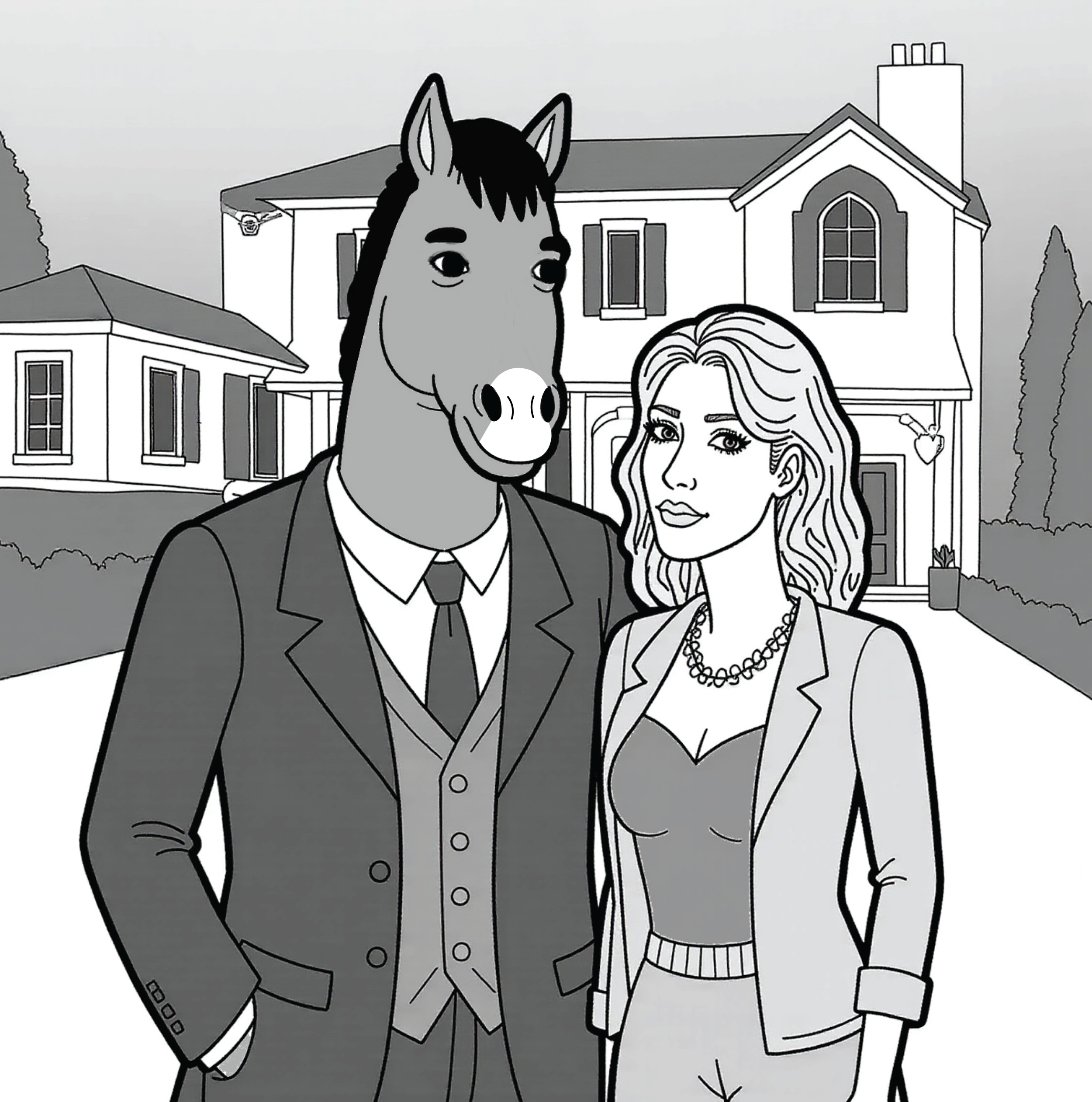A cartoon drawing of a person with a horse's head dressed in a suit and tie, standing next to a woman with wavy hair in a blazer, outside in front of a large house.
