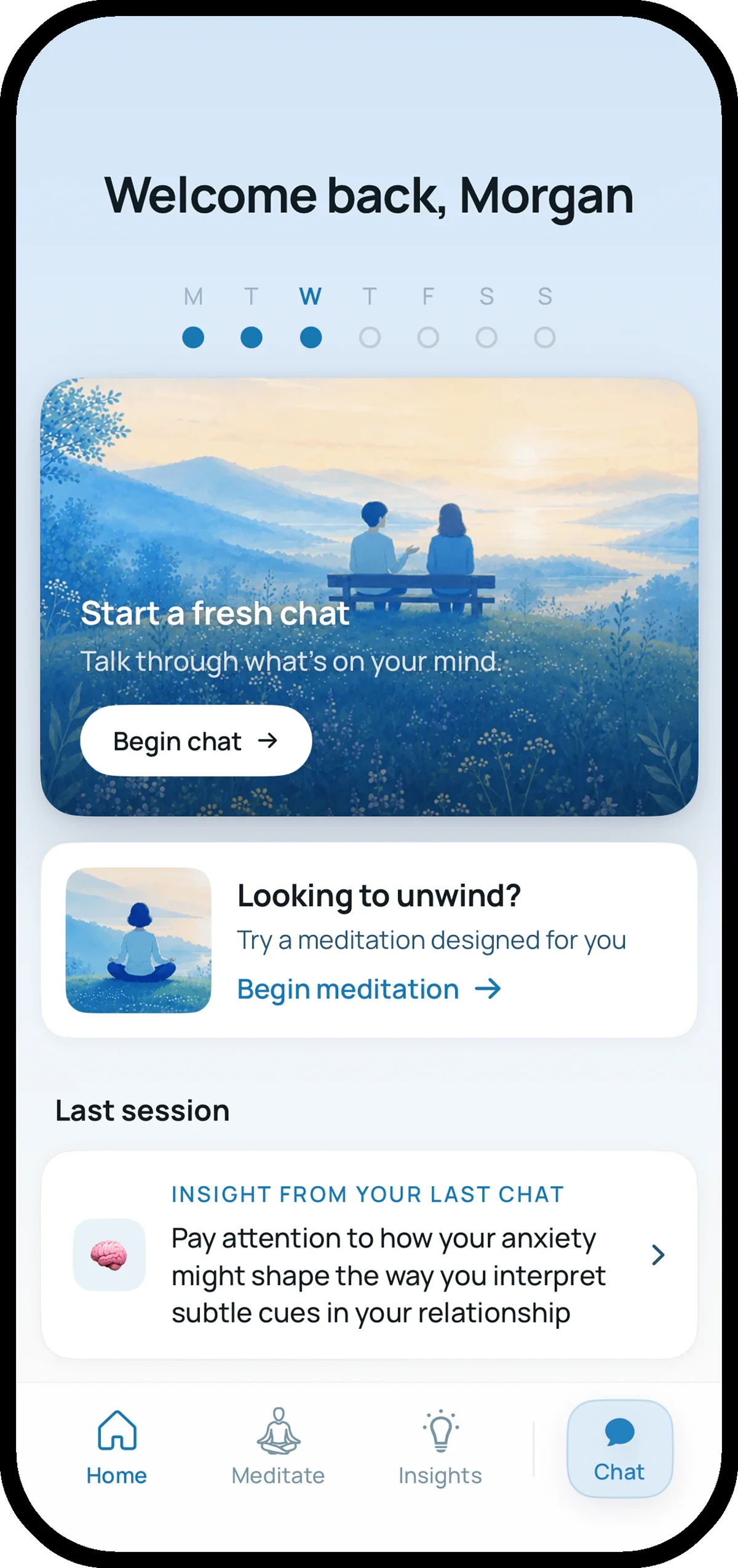 Wellness AI home screen with a daily tracker, and options to start a fresh chat, a suggested meditation, and an insight saved from the last session