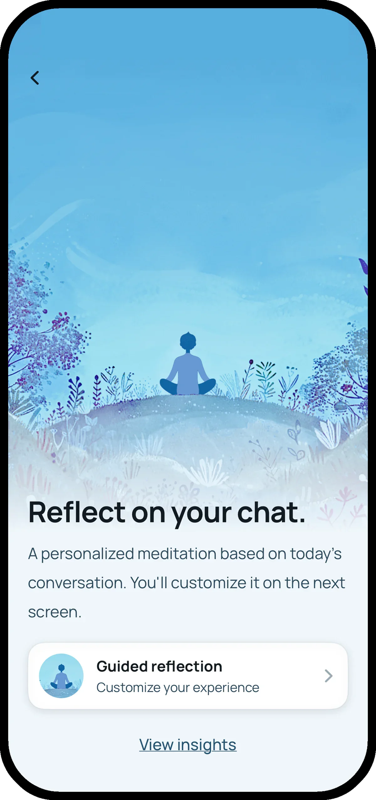 Wellness AI screen offering personal insights or a guided reflection meditation built from a therapeutic chat session