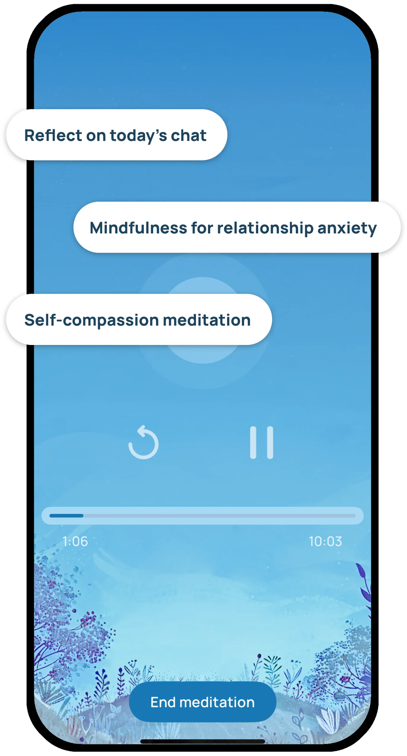 Wellness AI meditation screen illustrating personalized user suggested sessions including mindfulness for relationship anxiety and self-compassion