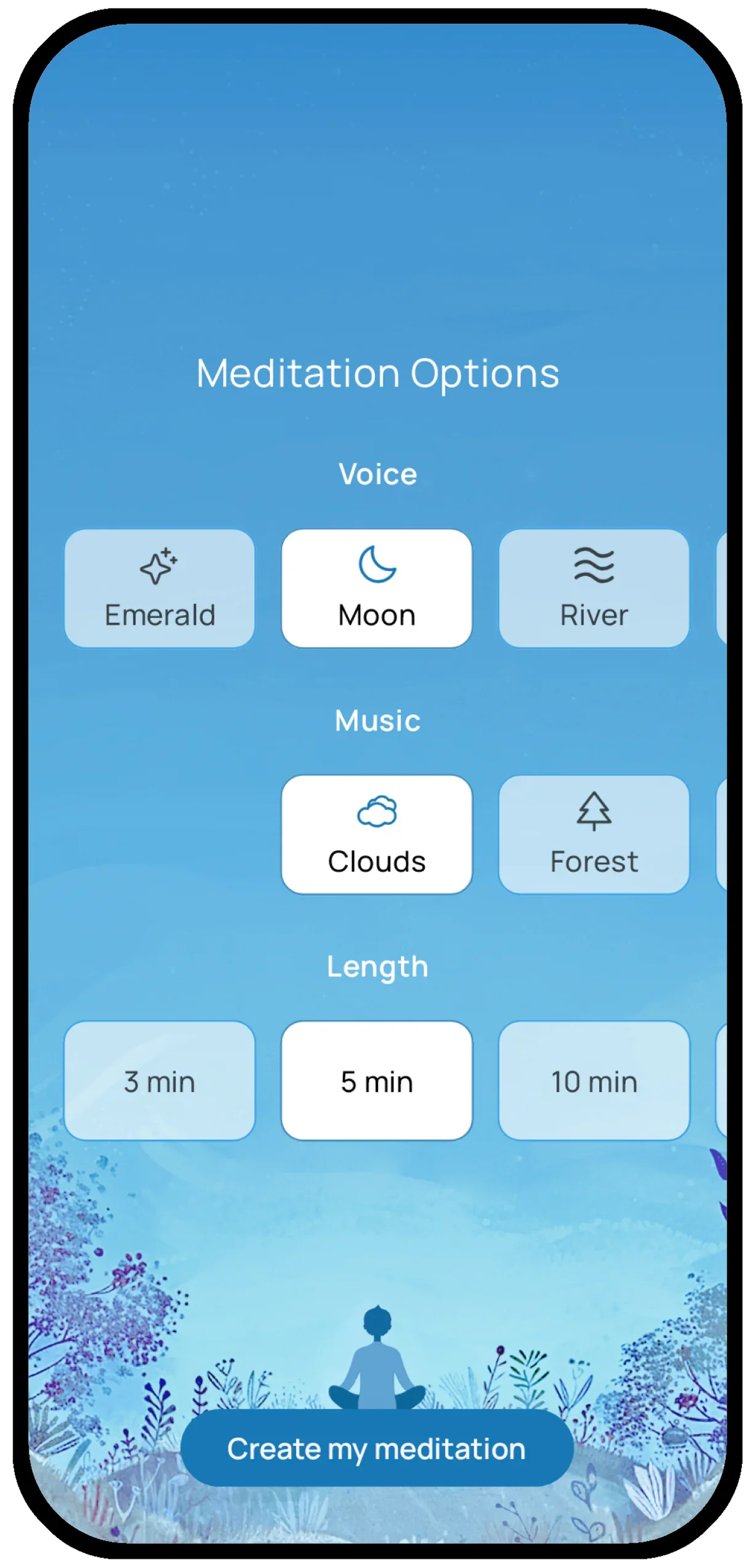Wellness AI meditation options screen for choosing voice, background music, and session length