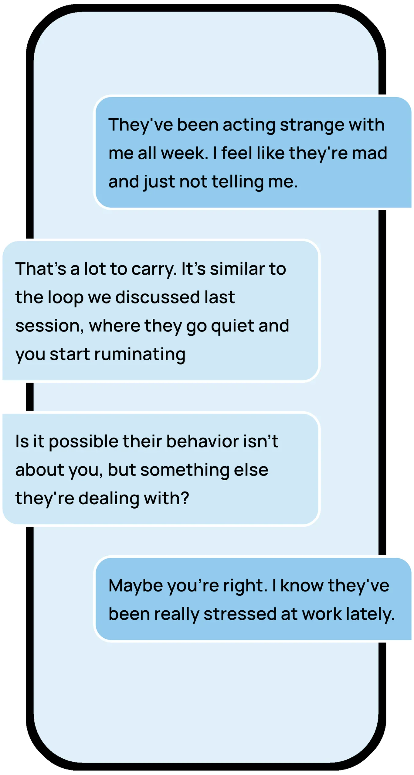 Wellness AI app chat screen showing user getting conversational support for a relationship in their life