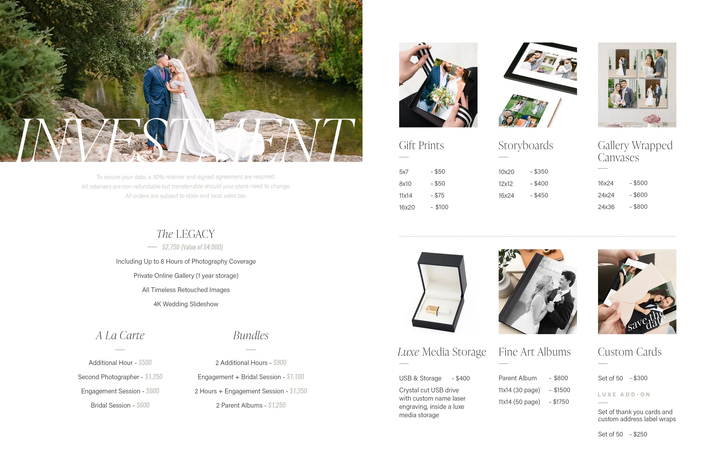 Wedding photography pricing and product options, including gift prints, storyboards, gallery wrapped canvases, Luxe media storage, fine art albums, and custom cards, with images of wedding photos and products.
