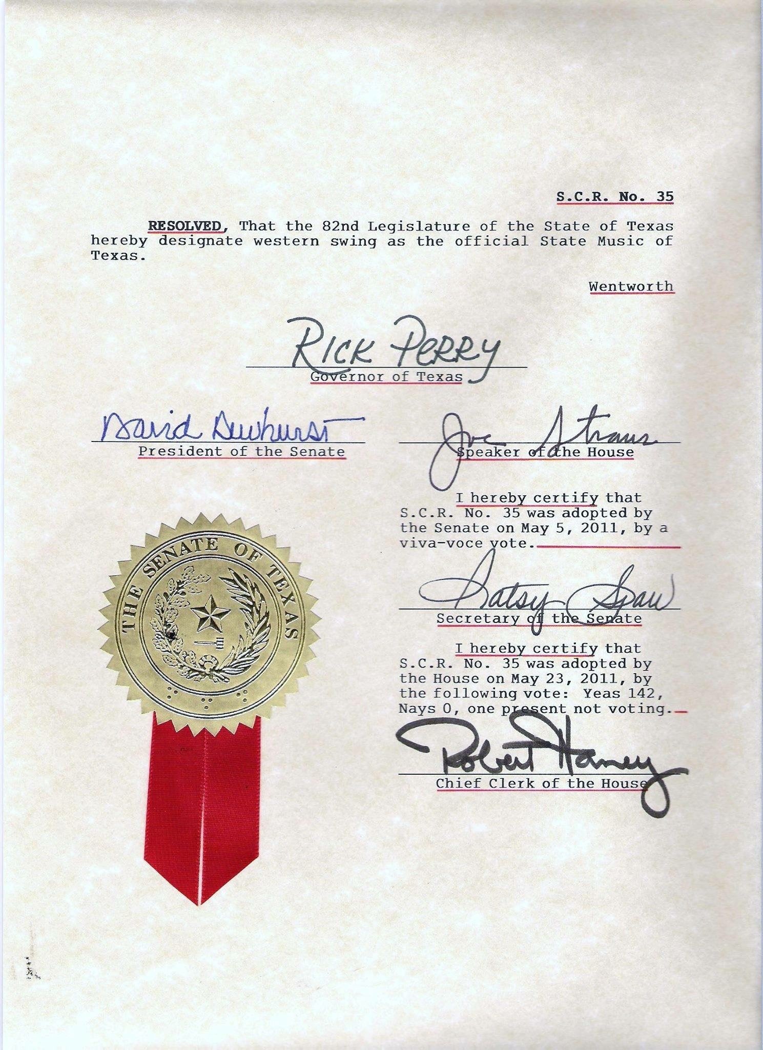 Official Texas state certificate naming Western Swing the official music of Texaas.