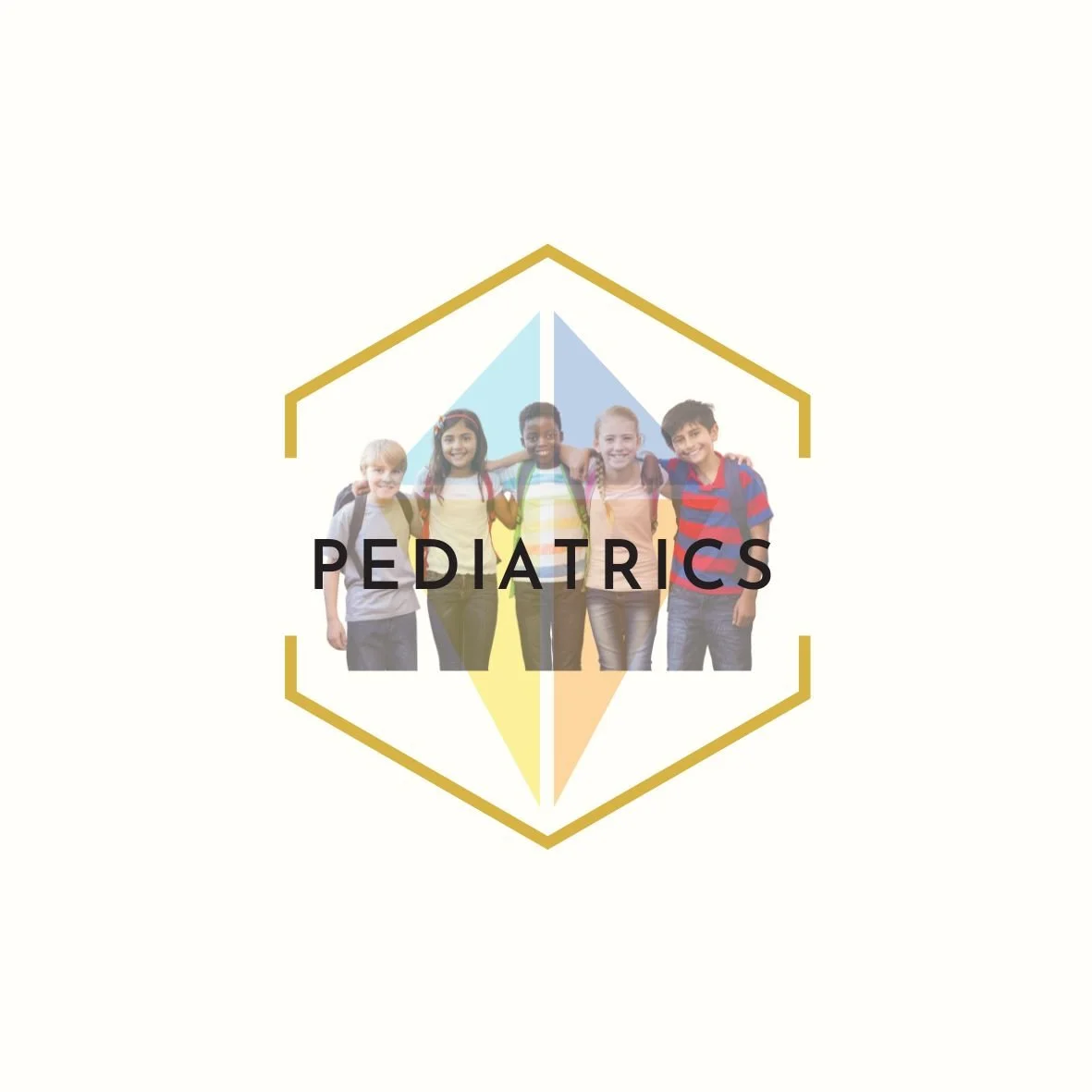 Logo for pediatrics featuring diverse group of children smiling with backpacks inside a stylized house outline.