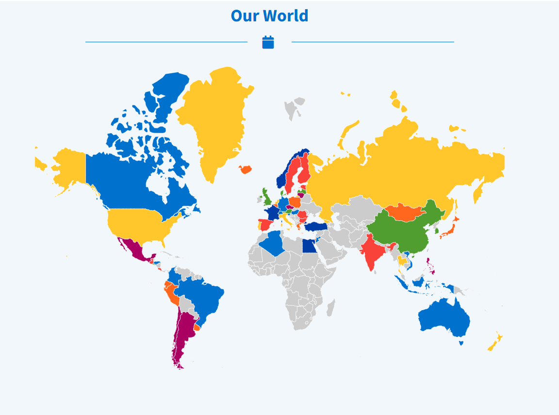 Color-coded world map titled 'Our World' showing different countries in various colors, indicating diverse data categories or classifications.