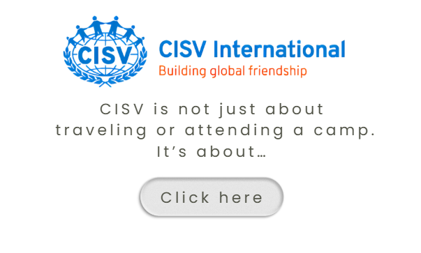 An advertisement featuring a woman with long brown hair smiling, with text promoting CISV International about building global friendship, and a clickable button labeled 'Click here'.