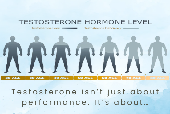 Infographic showing testosterone hormone levels declining with age, from age 20 to 80, with a comparison of testosterone levels and deficiency at each age.