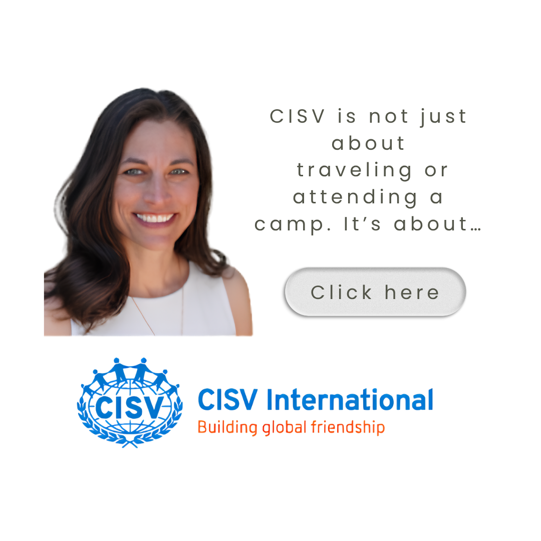 An advertisement featuring a woman with long brown hair smiling, with text promoting CISV International about building global friendship, and a clickable button labeled 'Click here'.