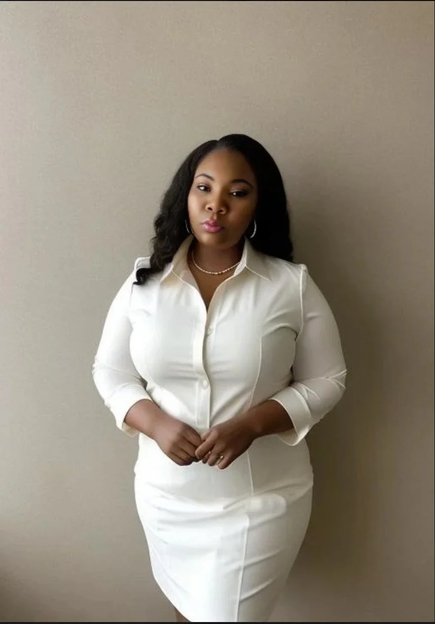 A woman with medium skin tone, long black wavy hair, wearing a white button-up long-sleeve blouse and matching white skirt, standing against a plain beige wall, looking directly at the camera with a neutral expression, accessorized with hoop earrings, a pearl necklace, and a gold chain.