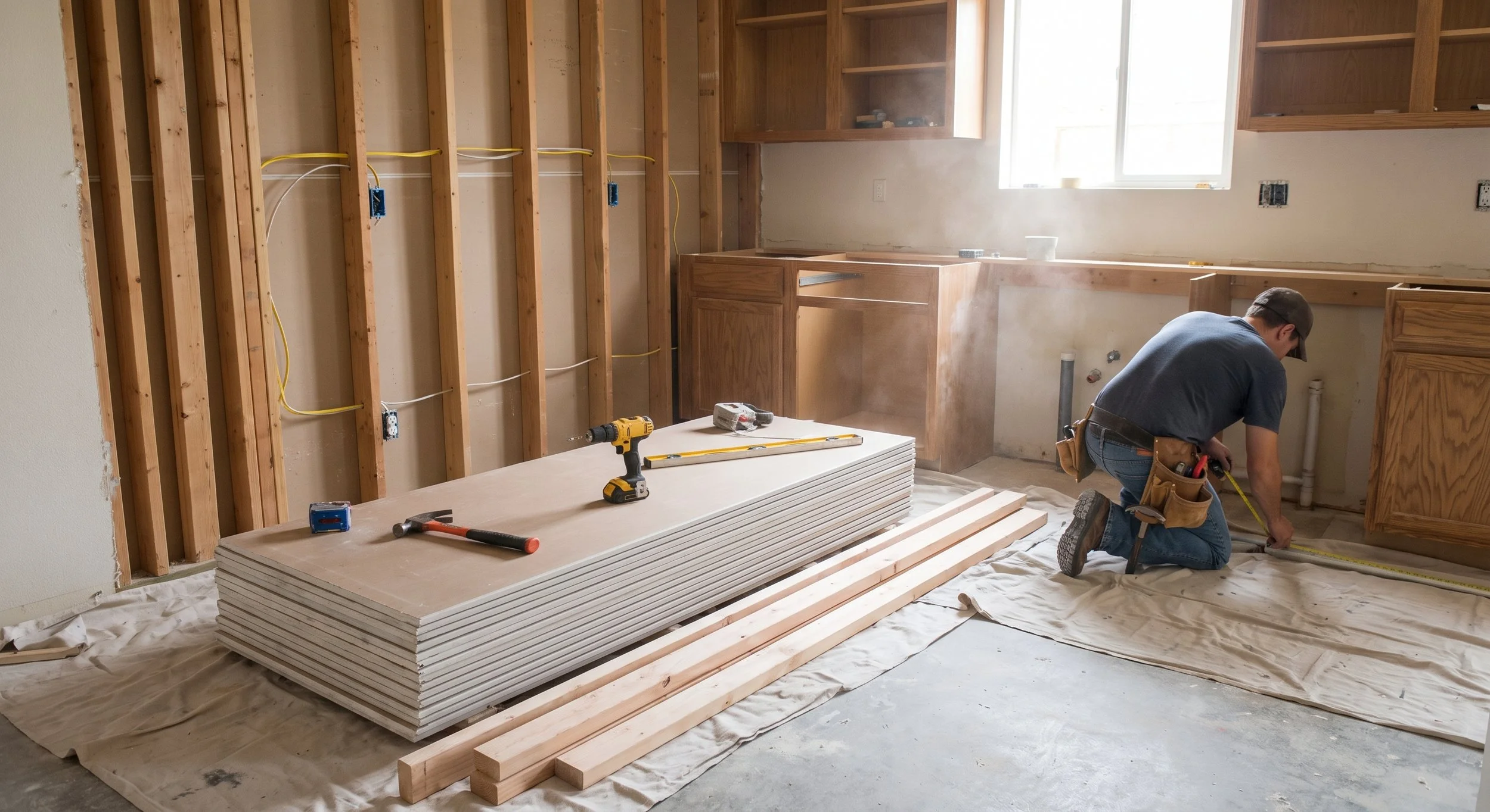 A guy remodeling a kitchen.