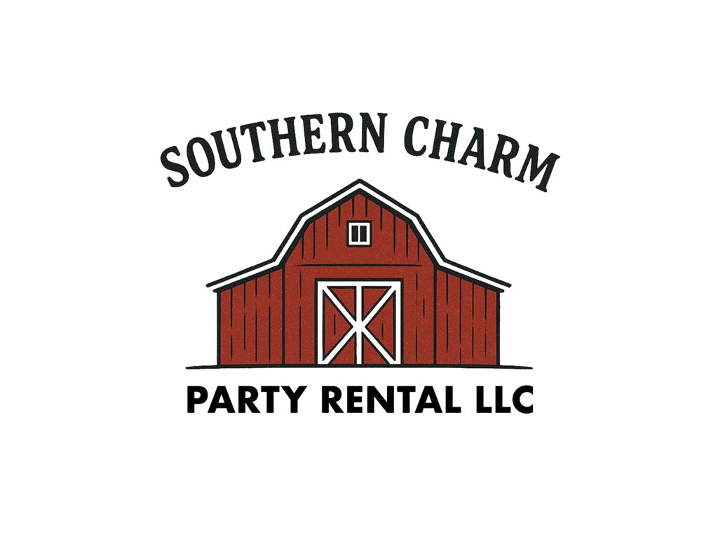 Logo for Southern Charm Party Rental LLC featuring a red barn with black and white outline details.