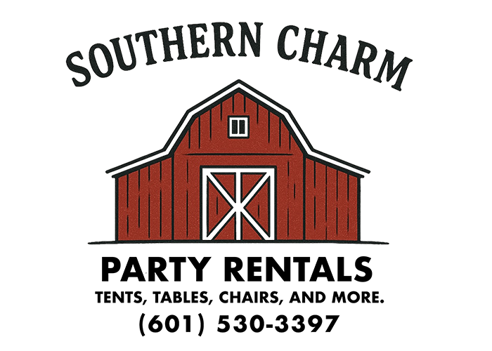 Illustration of a red barn with the words Southern Charm arched above it. Southern Charm Party Rental Logo
