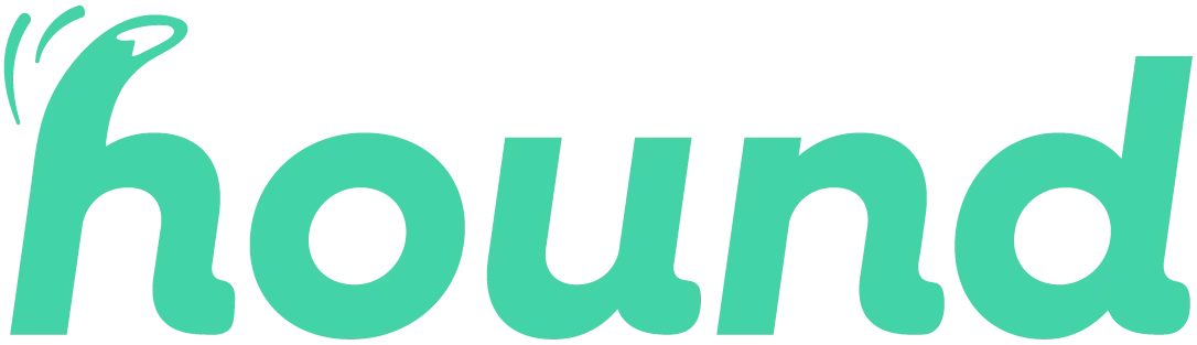 Close-up of the word 'hounded' in stylized teal text with a slight shadow, part of a larger sign or graphic design.