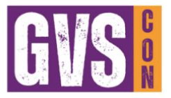 GVS CON logo in purple, white, and orange with distressed text style