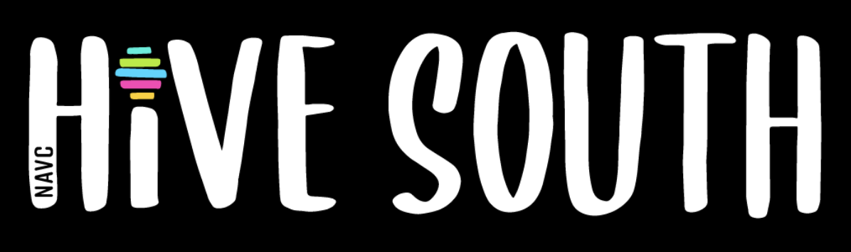 Design displaying the phrase 'NAVC HIVE SOUTH' with a stylized beehive icon replacing the letter 'I' in 'HIVE' in rainbow colors on a black background.