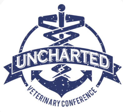 Logo for Uncharted Veterinary Conference featuring a stylized snake coiled around a sword.