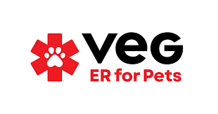 Logo for VEG, an ER for Pets, featuring a red pet paw inside a red cross and the text 'veg ER for Pets'.