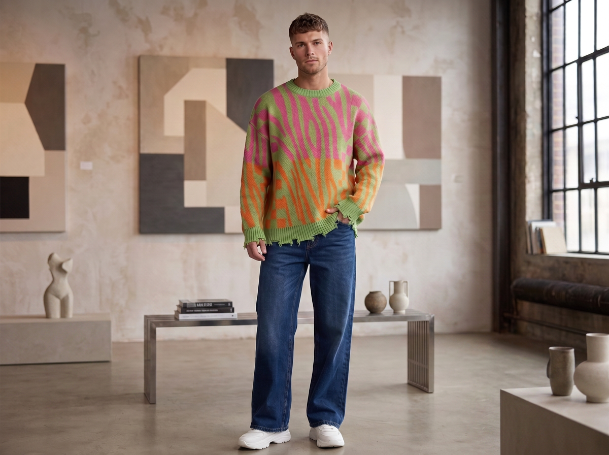 Neon Abstract Distressed Knit Oversized Sweater