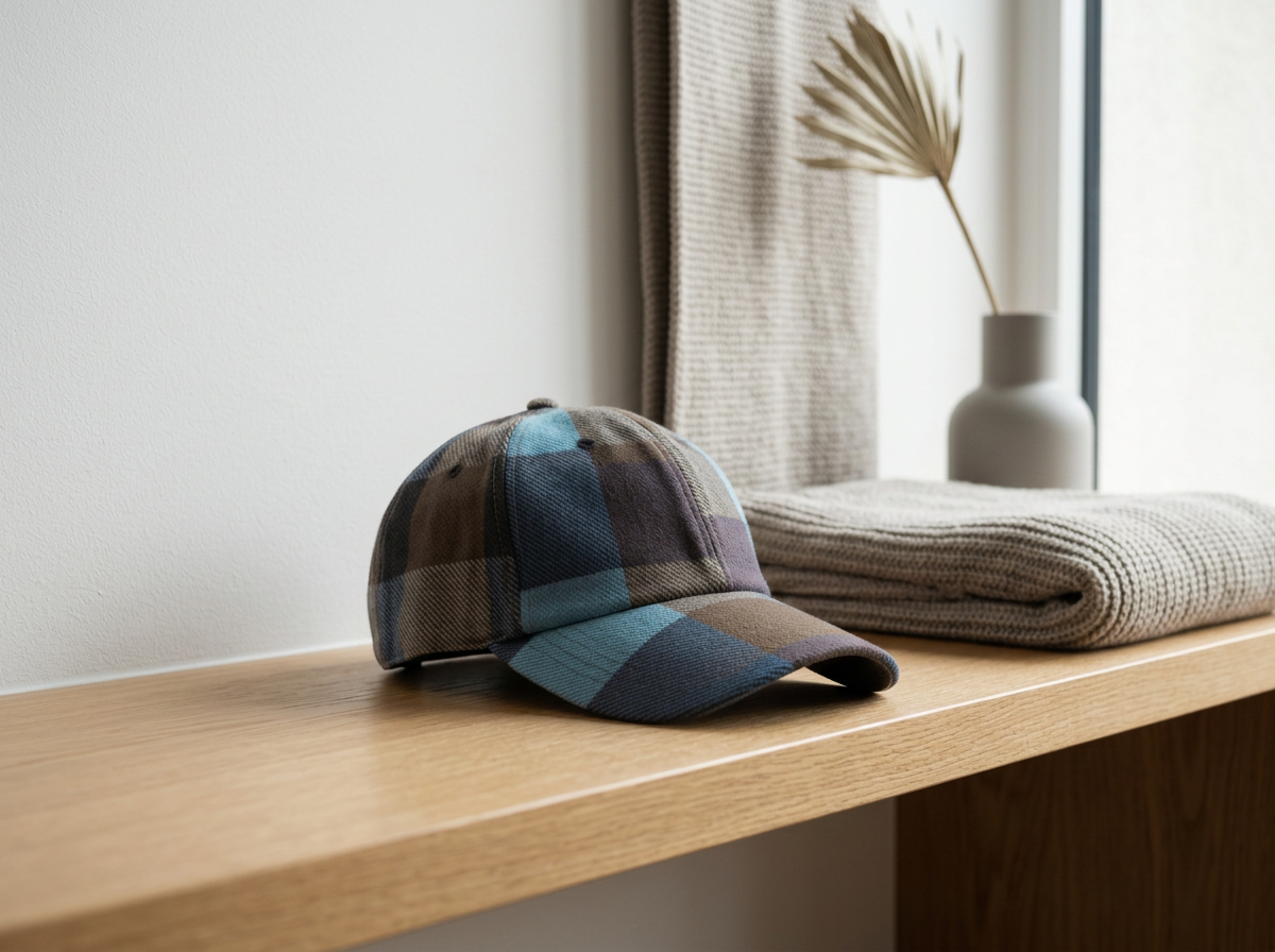 Blue Plaid Hat with Grey Accents & Velcro Back