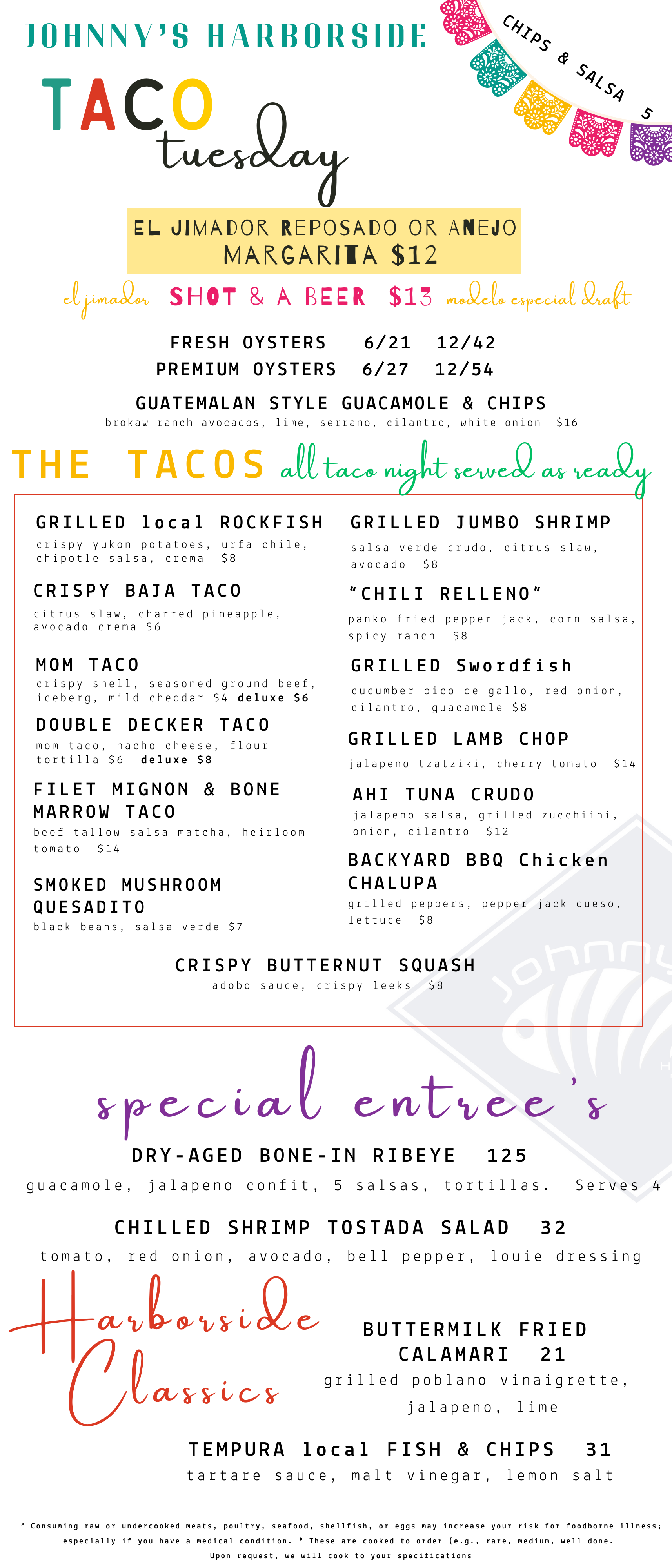 Menu for Johnny's Harborside featuring taco Tuesday with various taco options, special entrees, and classic Harborside dishes.