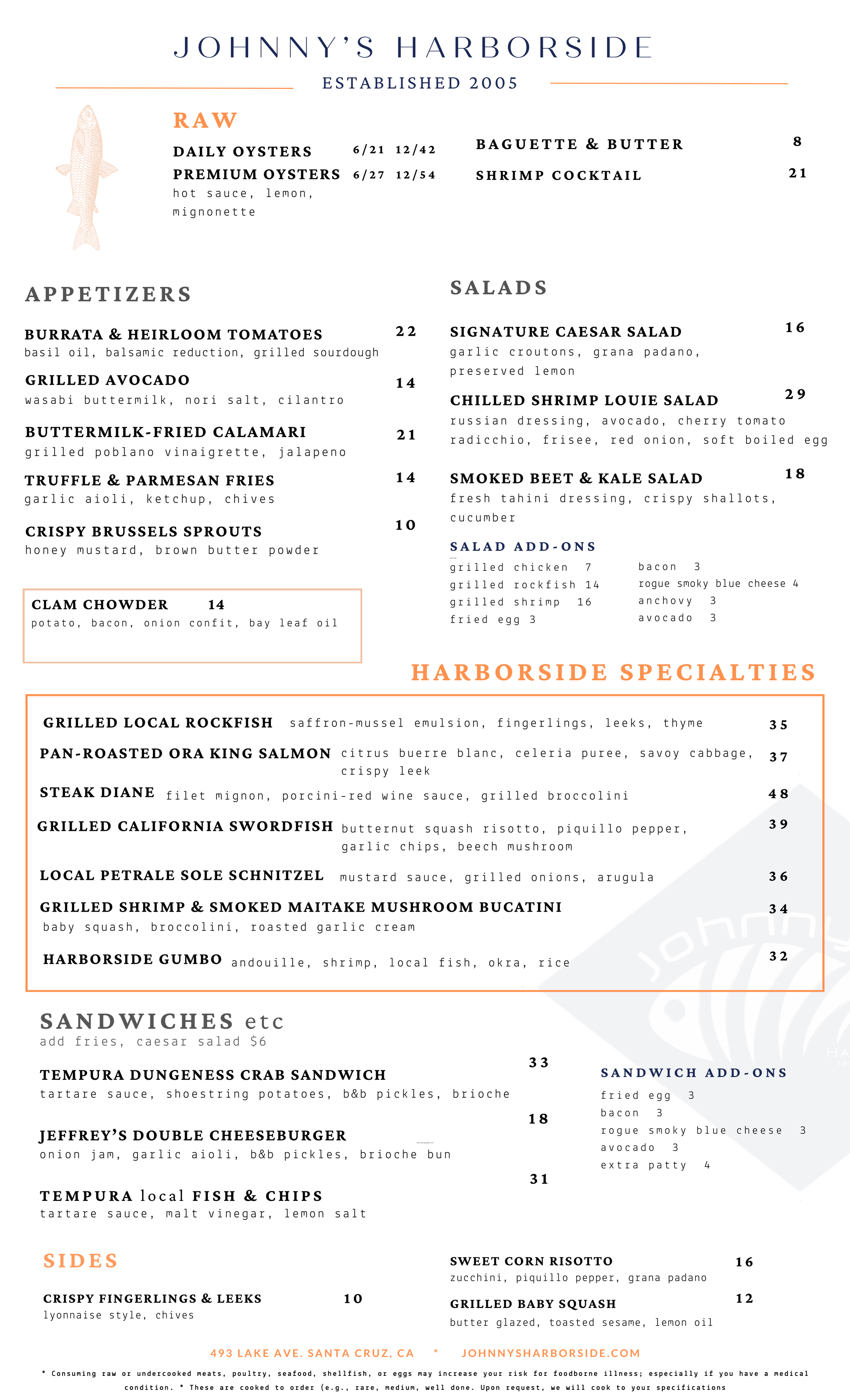 Johnny's Harborside menu from Santa Cruz, California, featuring raw oysters, appetizers, salads, HarborSide specialties, sandwiches, sides, and add-ons.