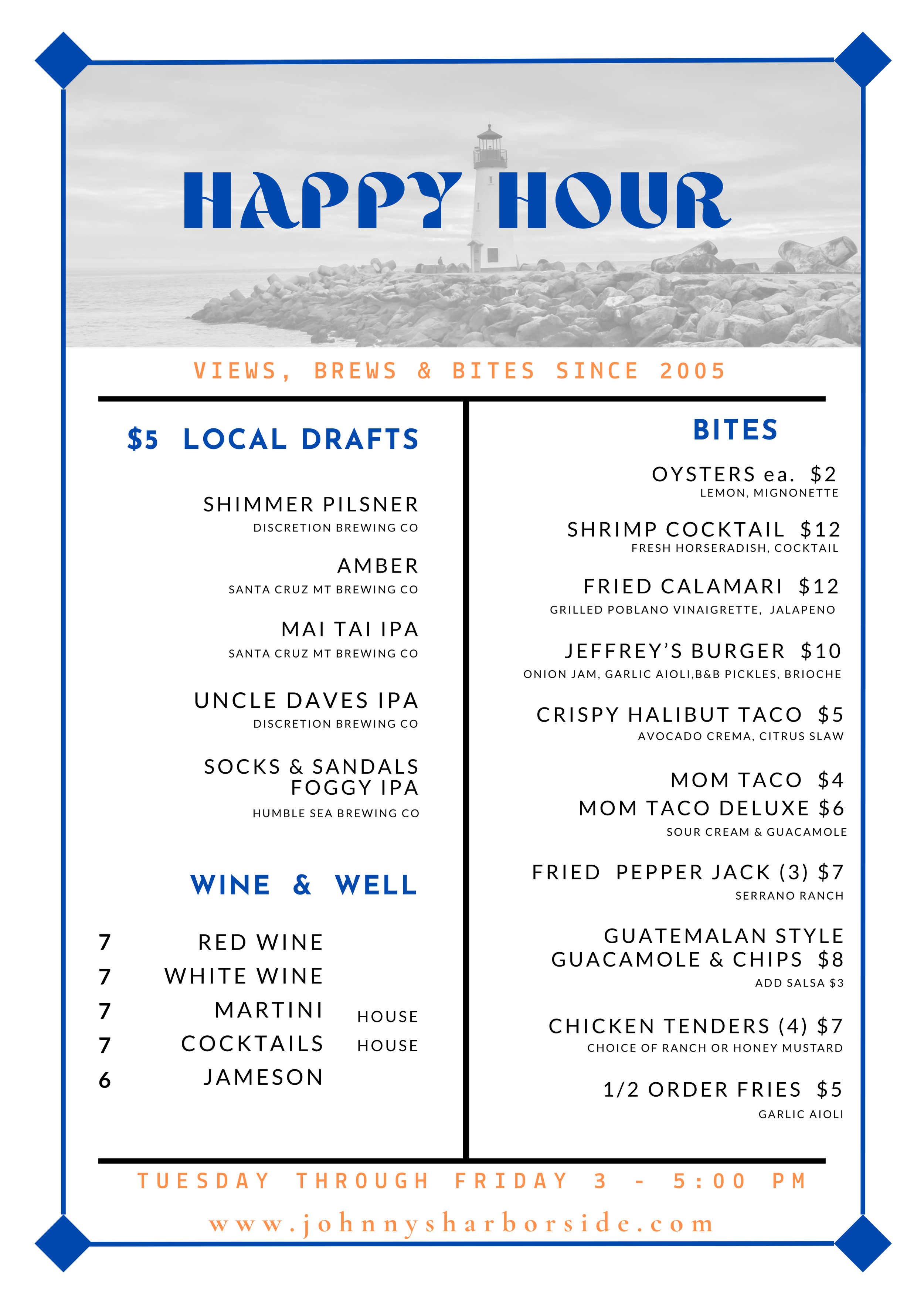 Menu poster for Johnny's Harbor Side featuring happy hour specials with listings of local beer drafts, wines, well drinks, and bites like oysters, shrimp cocktail, fried calamari, burgers, tacos, and finger foods, with hours from Tuesday to Friday, 3 to 5 PM.