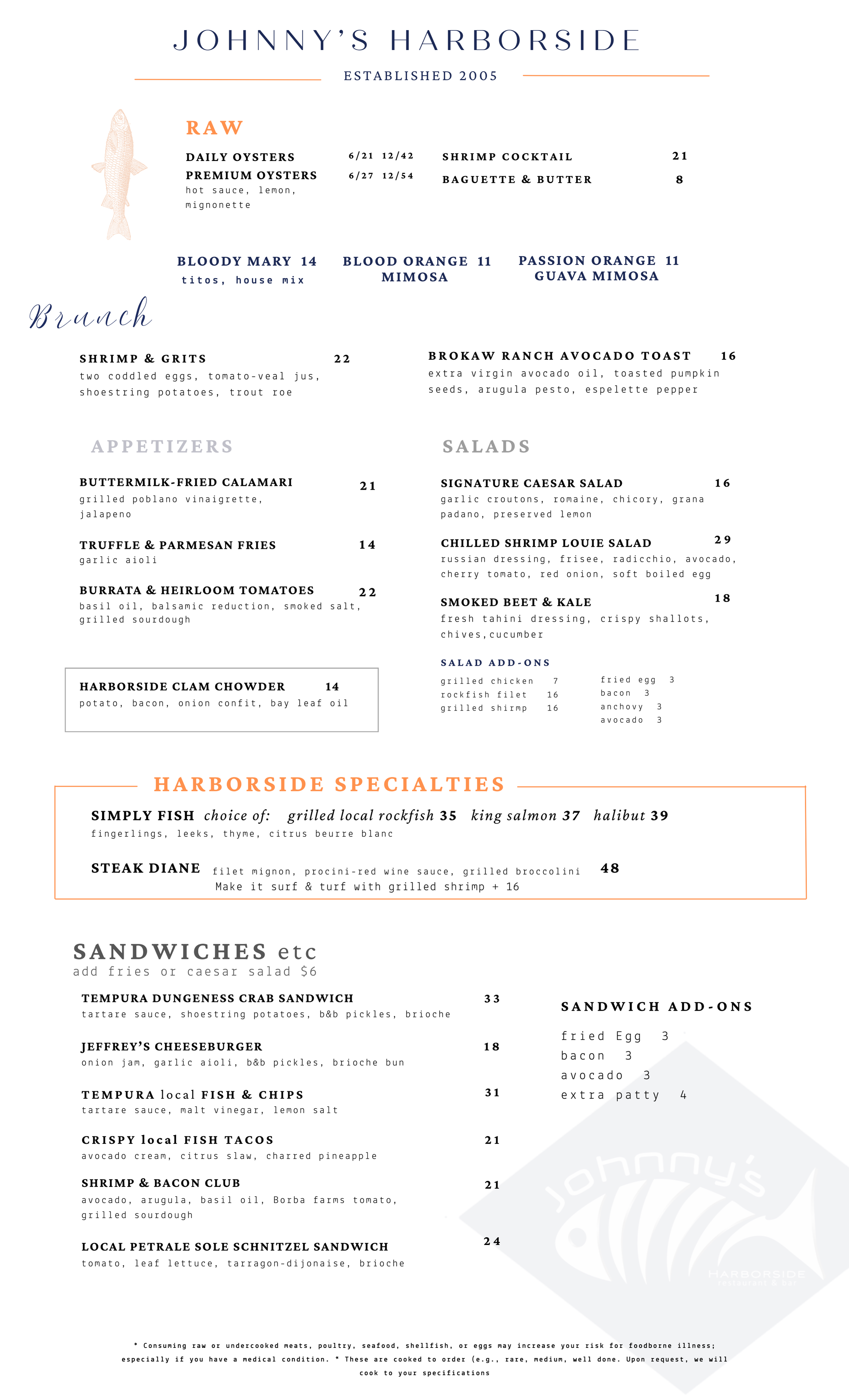 Johnny's Harborside menu featuring raw, brunch, appetizers, salads, specialty dishes, and sandwiches sections with various seafood, salads, and sandwich options.