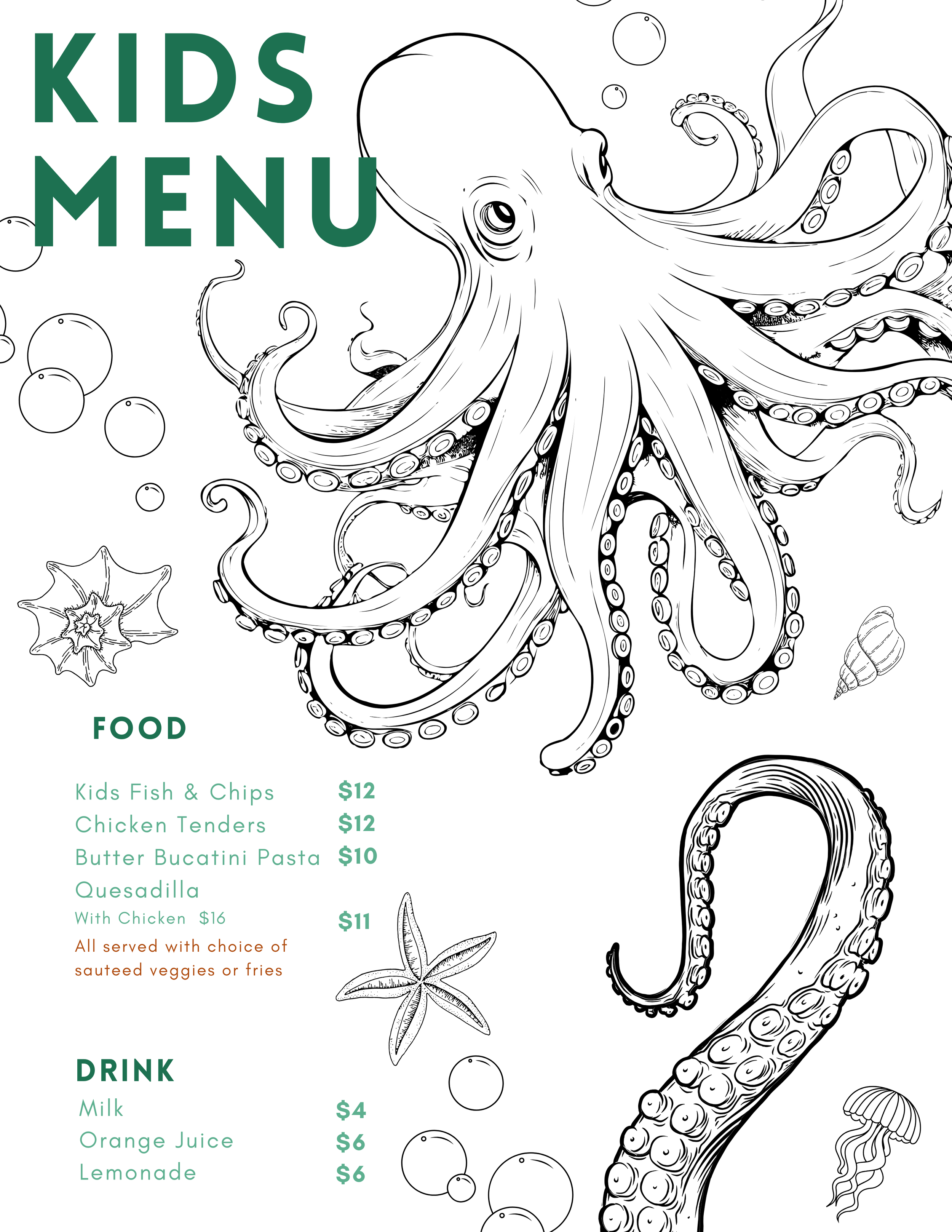 Line drawing of an octopus with a kids menu on a white background, featuring food and drink items, seashells, a starfish, and jellyfish.