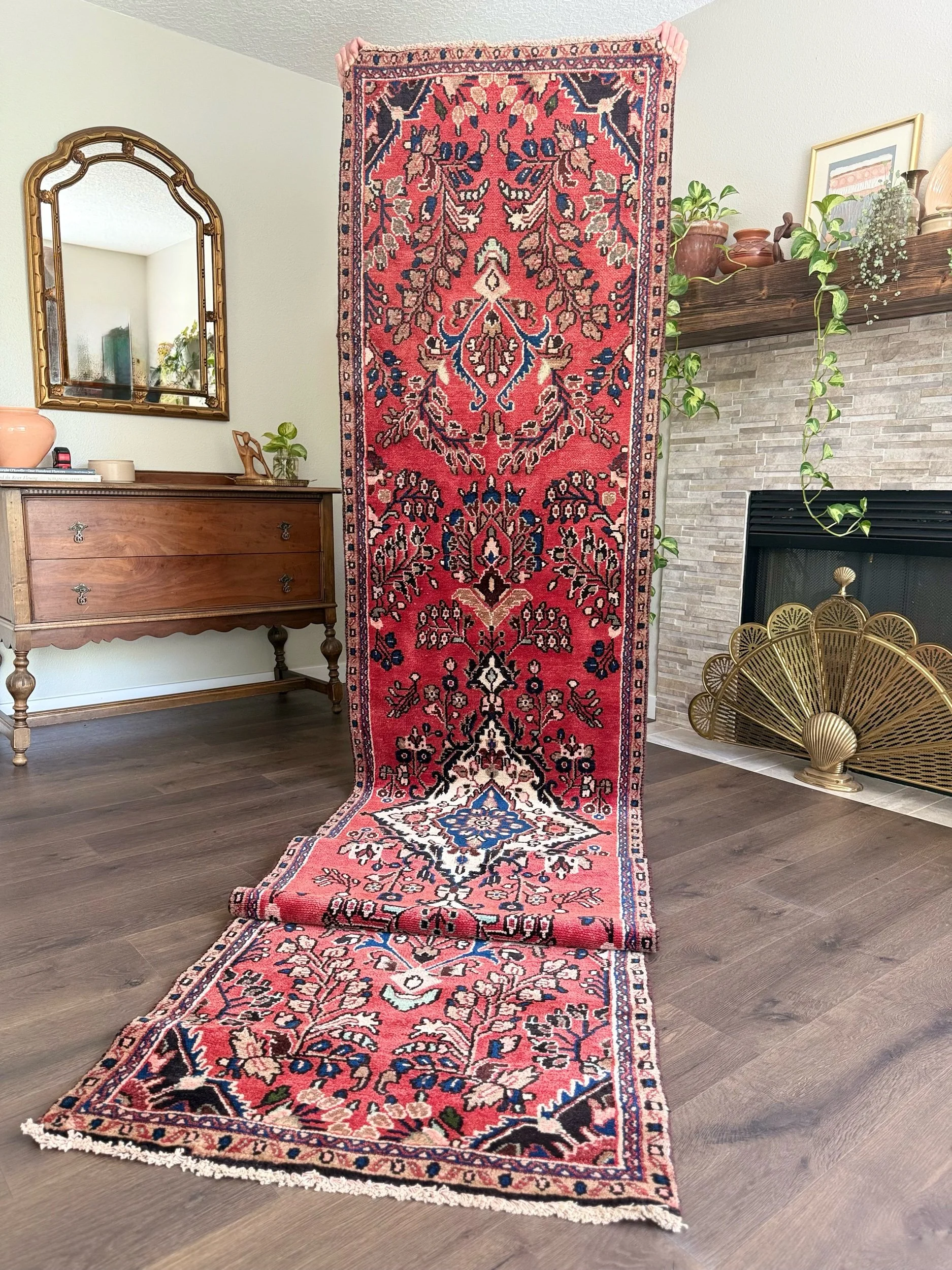 Vintage 2’8” x 13’2” Coral Botanical Persian Wool Runner Rug