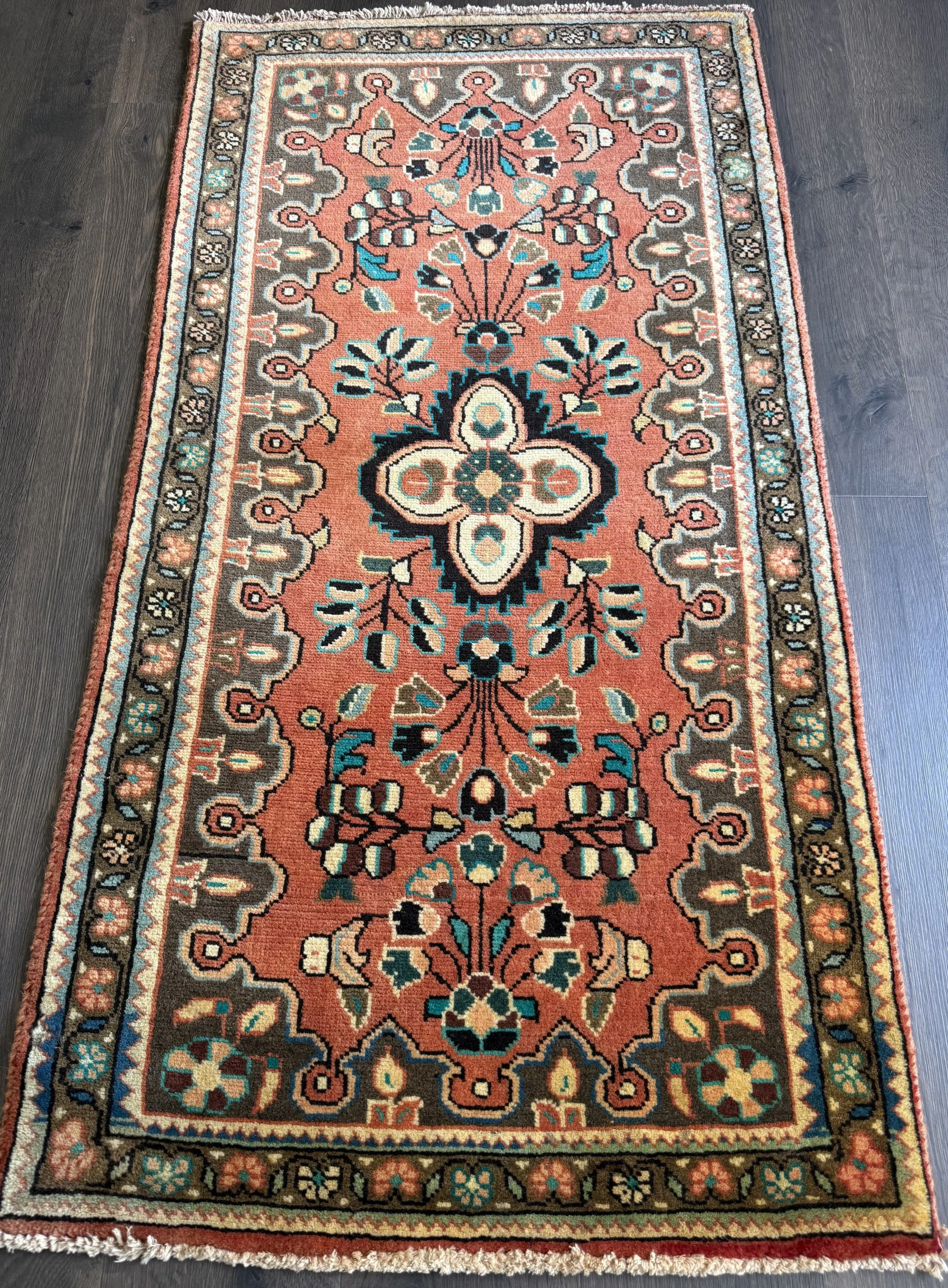 Vintage 2’6” x 4’9” Coral Botanical Persian Wool Runner Rug