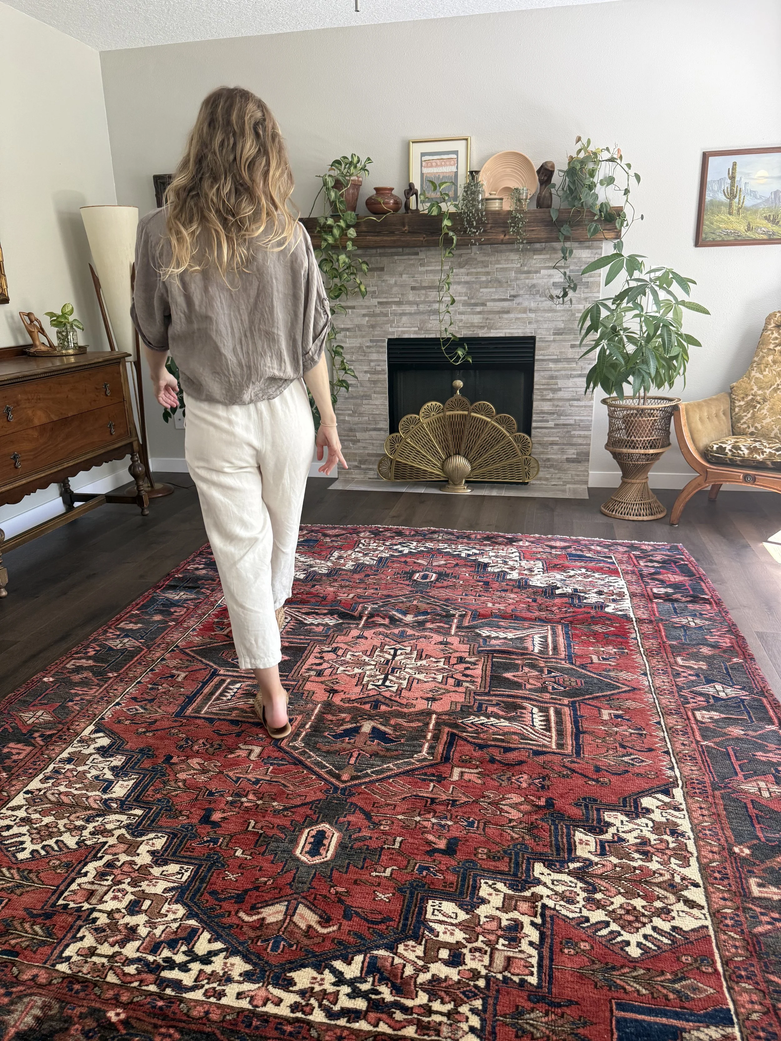 Vintage 7’3” x 9’2" Moody Charcoal Persian Heriz Wool Area Rug