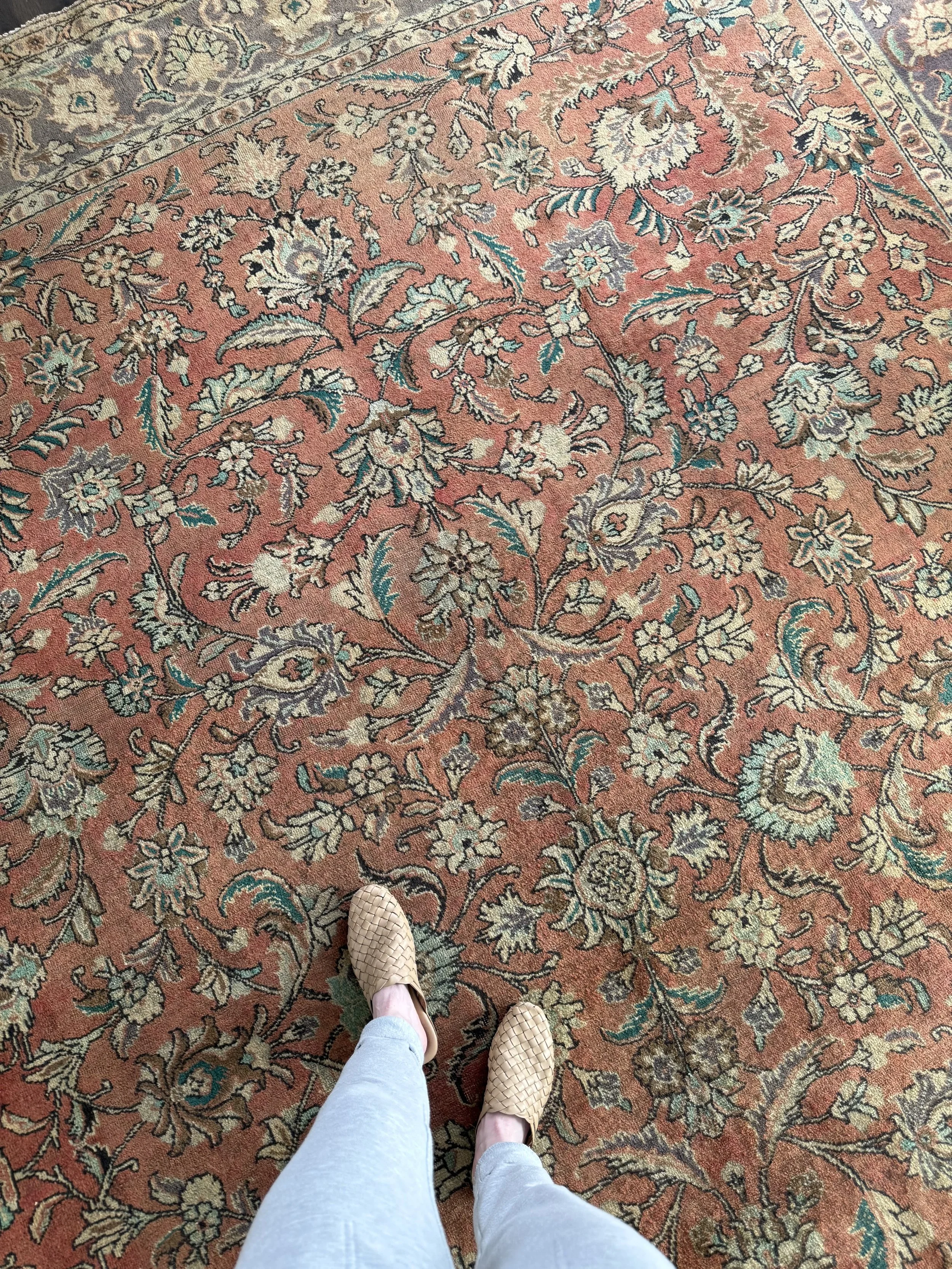 Vintage 10' x 13' Terracotta Botanical Persian Wool Area Rug