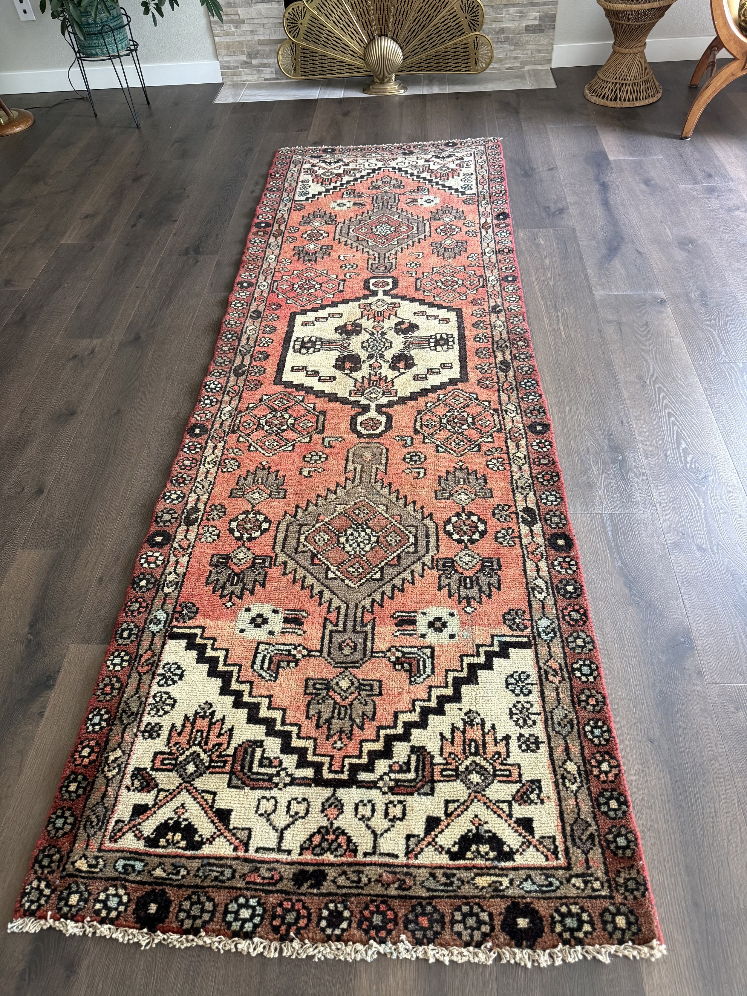 Vintage 2'11" x 8'11" Coral Tribal Persian Wool Runner Rug