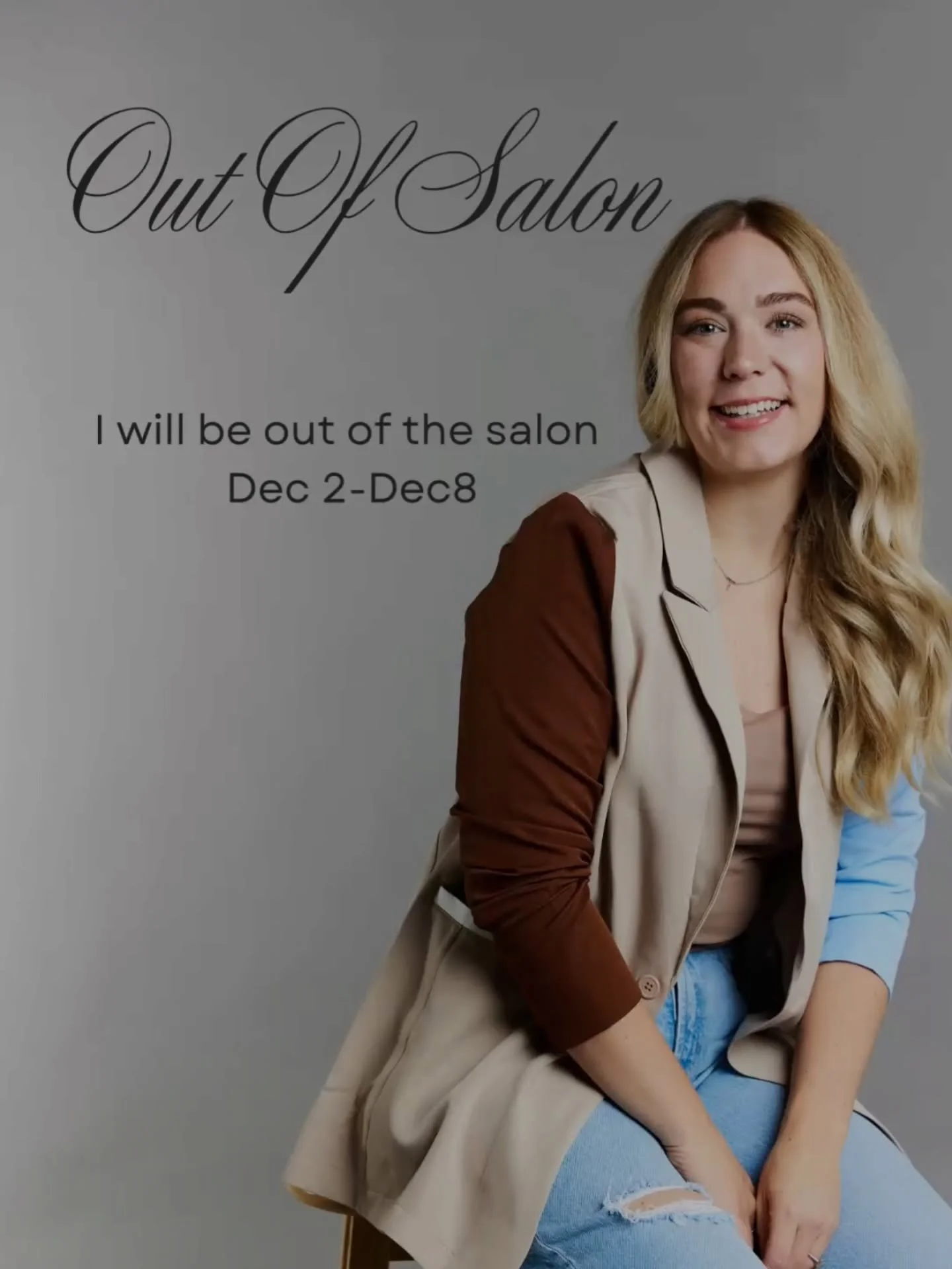 Out of the Salon 🖤
Just a heads up &mdash; I&rsquo;ll be out of the salon from Dec 2&ndash;Dec 8!
I&rsquo;m currently fully booked through the end of the year, but feel free to visit the link in my bio￼ to join the waitlist or check for cancellation