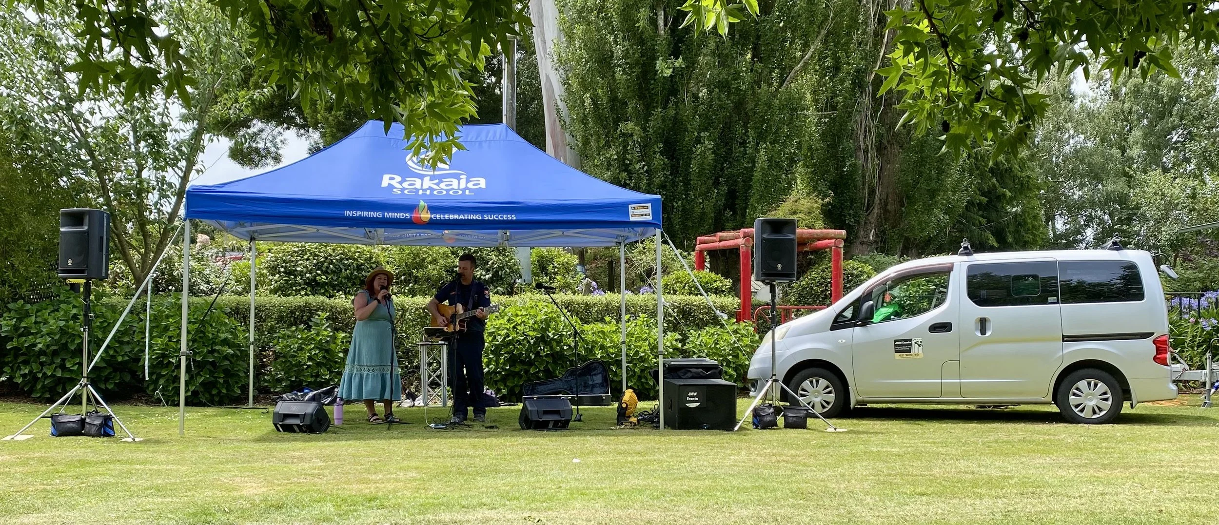 Singing Duo at the Rakaia Garden Fate, including Delay horn speakers 