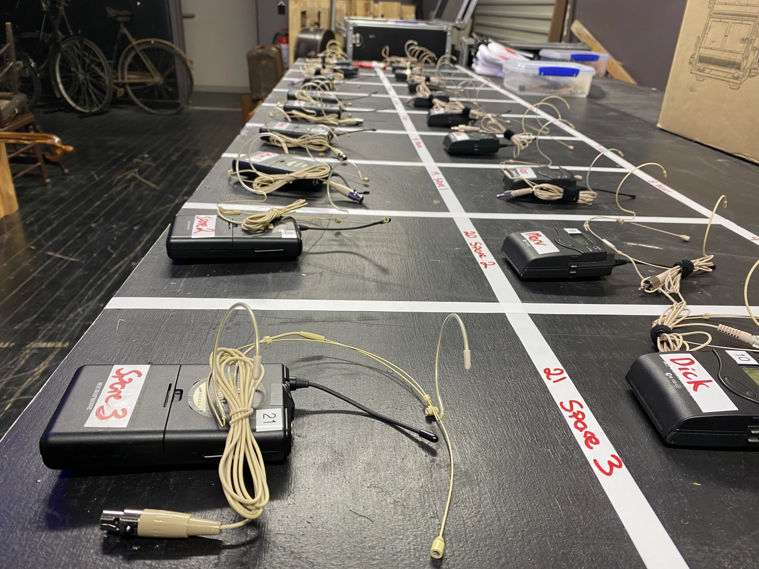 Headset Microphones laid out for the Methven Theatre Company production of That Bloody Woman